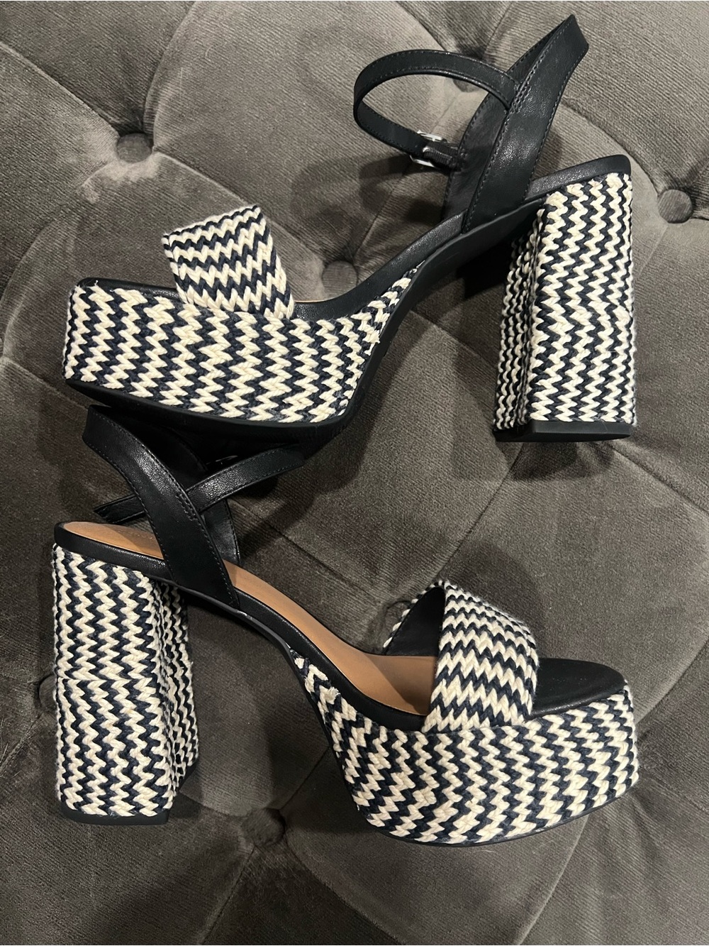 Universal Thread Black and Cream Woven Platform Block Heel Sandals